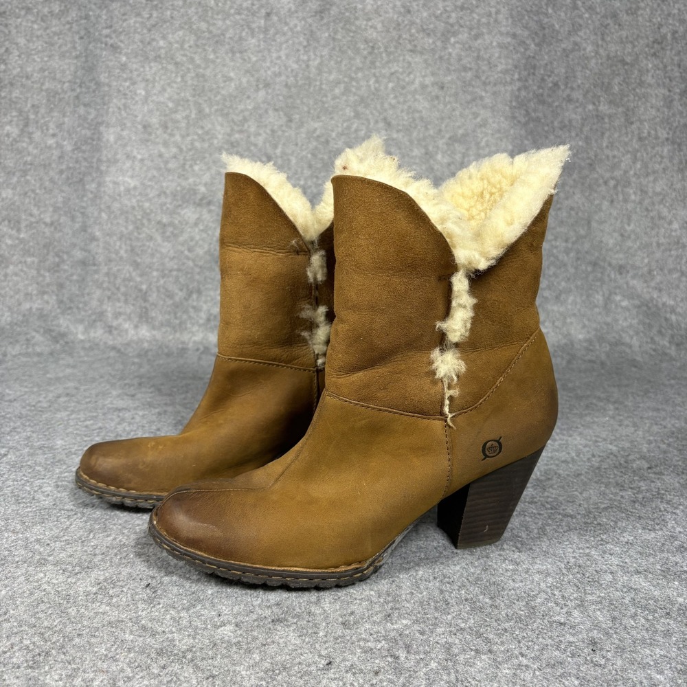 Born Shearling Trim Ankle Boots 9 Brown Leather Faux Fur Block Heel